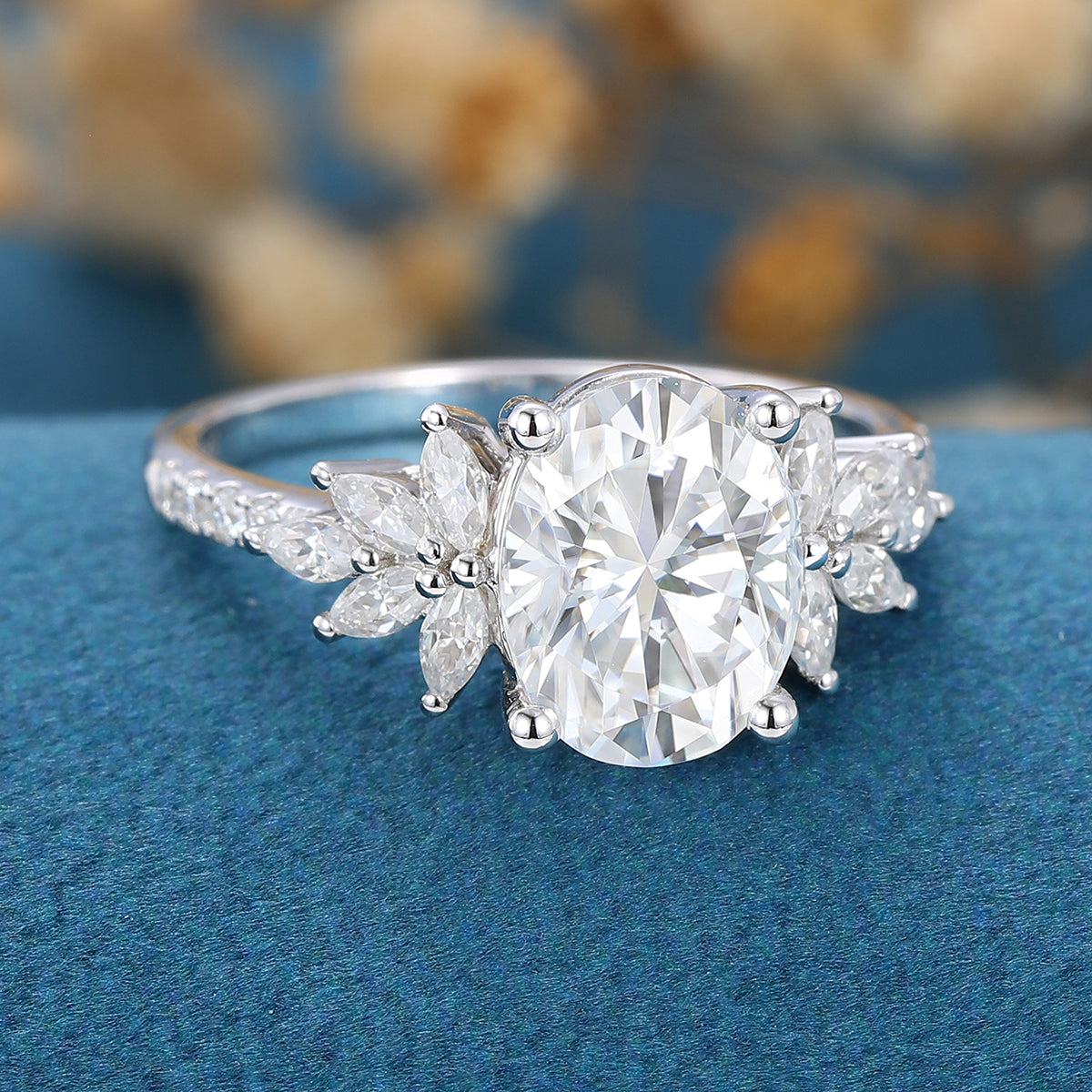 1.91 CT Oval Shaped Moissanite Cluster Engagement Ring