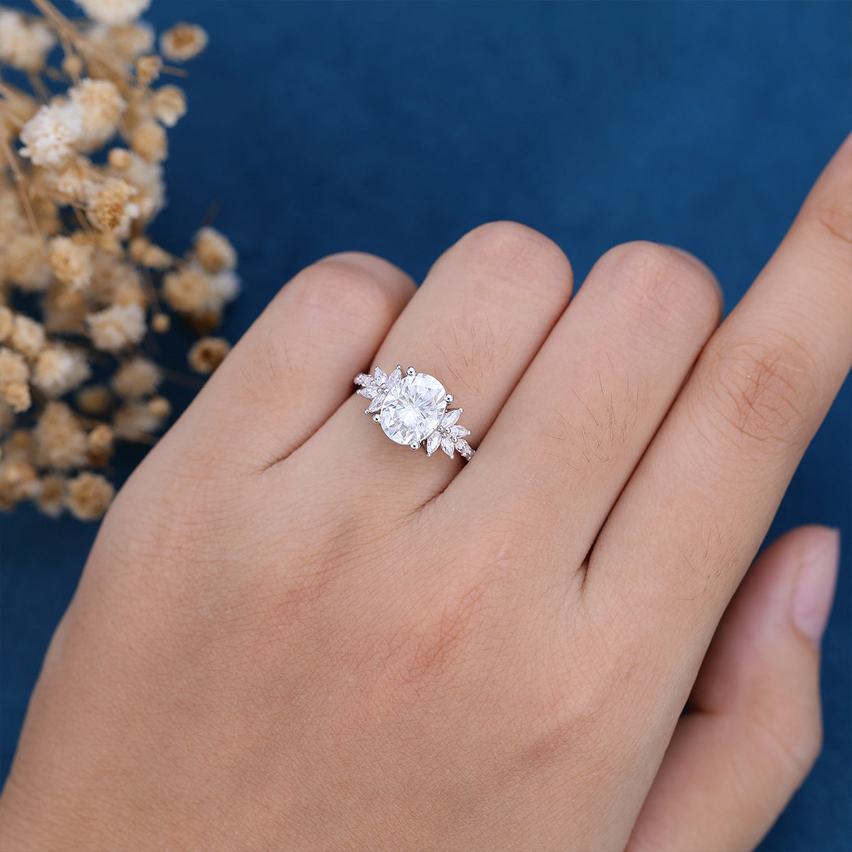 1.91 CT Oval Shaped Moissanite Cluster Engagement Ring