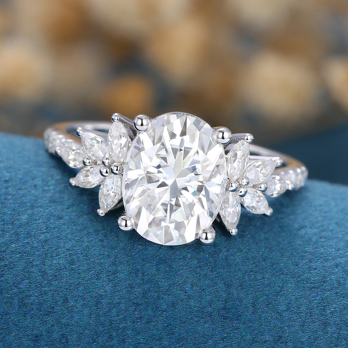 1.91 CT Oval Shaped Moissanite Cluster Engagement Ring