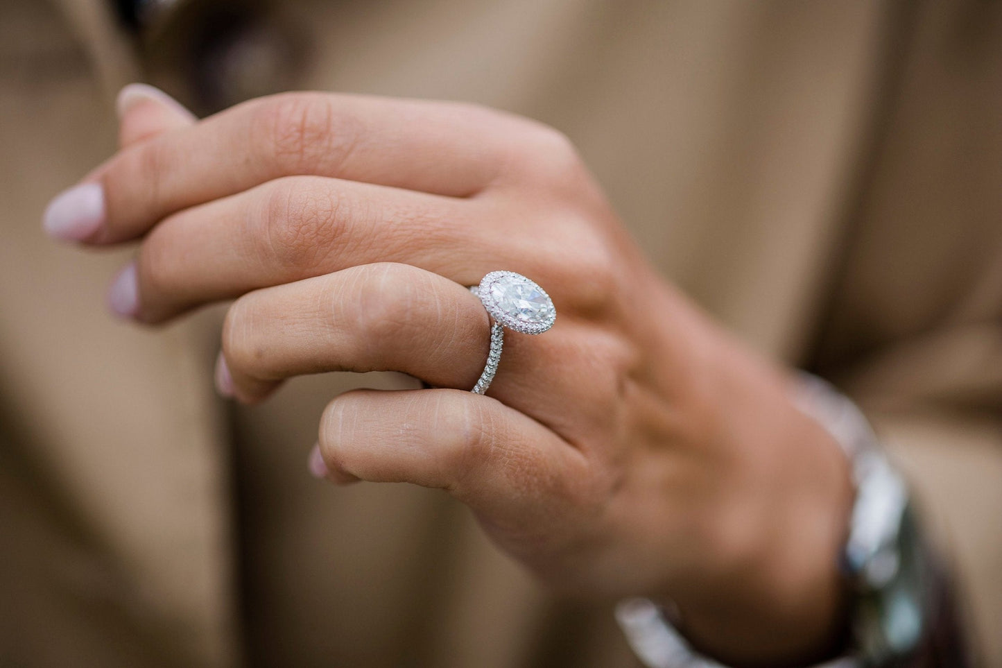 3.85 CT Oval Solitaire Halo & Pave Moissanite Engagement Ring