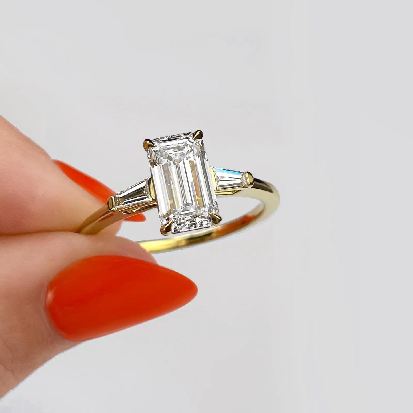 1.91 CT Emerald Cut Three Stone Moissanite Engagement Ring