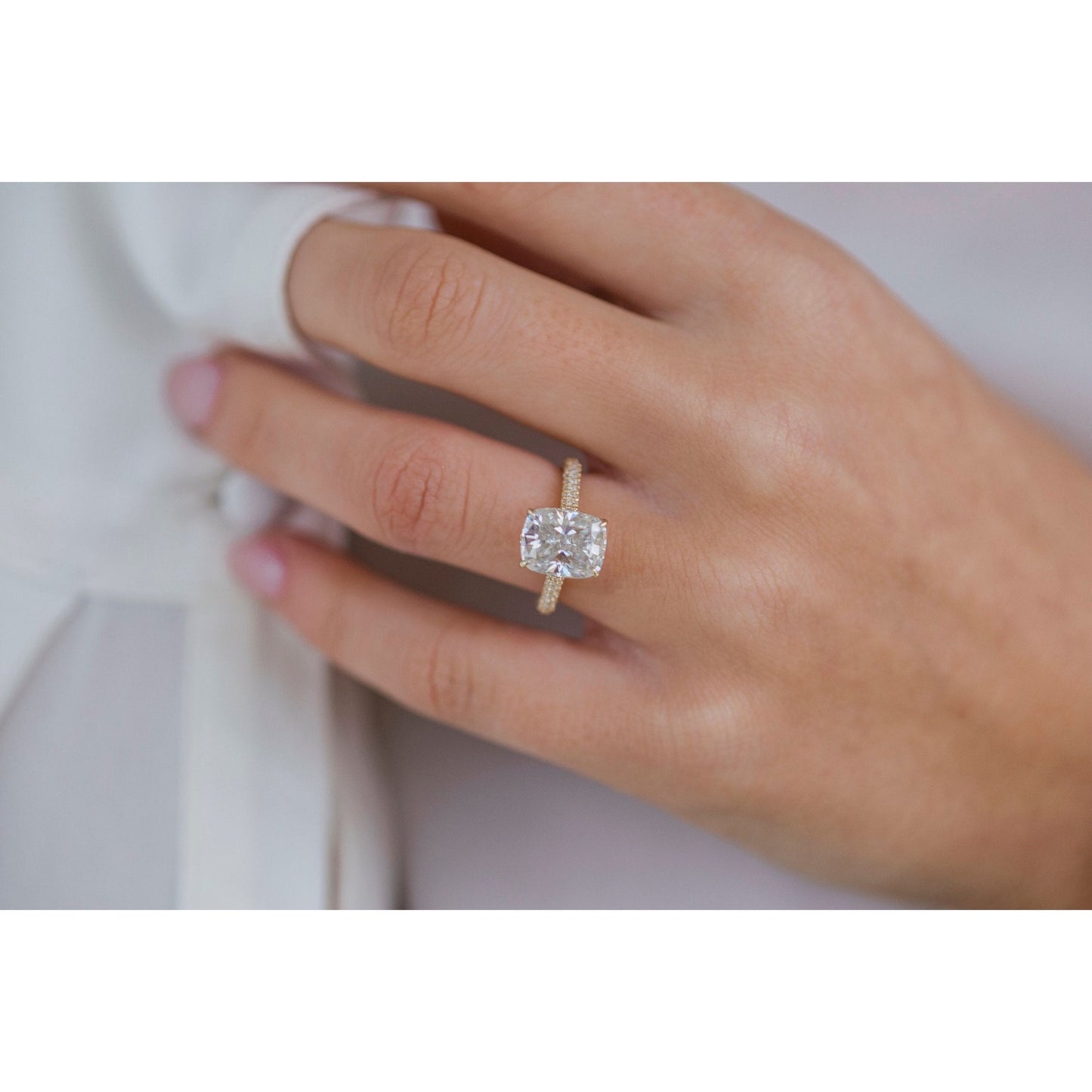 3.20 CT Elongated Cushion Solitaire Hidden Halo Moissanite Engagement Ring