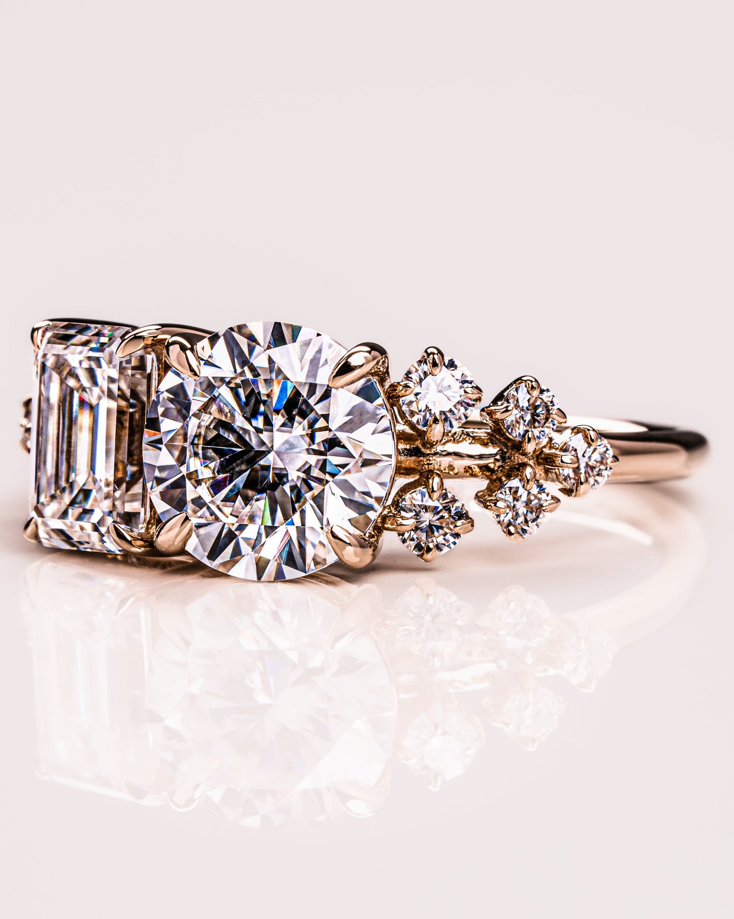 2.80 CT Emerald & Round Cut Two Stone Moissanite Engagement Ring