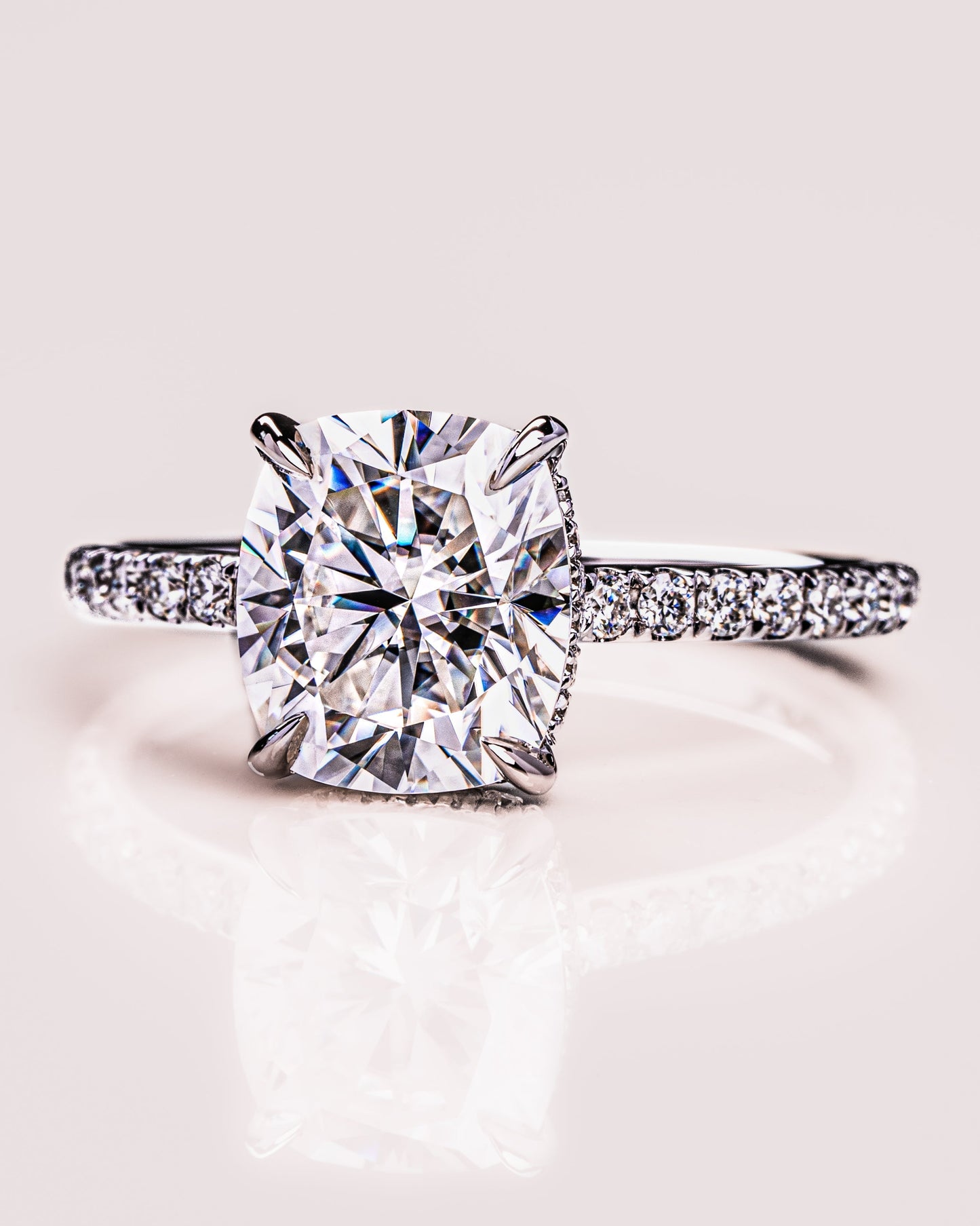 0.96 CT Cushion Solitaire Moissanite Engagement Ring With Hidden Halo/Pave Setting