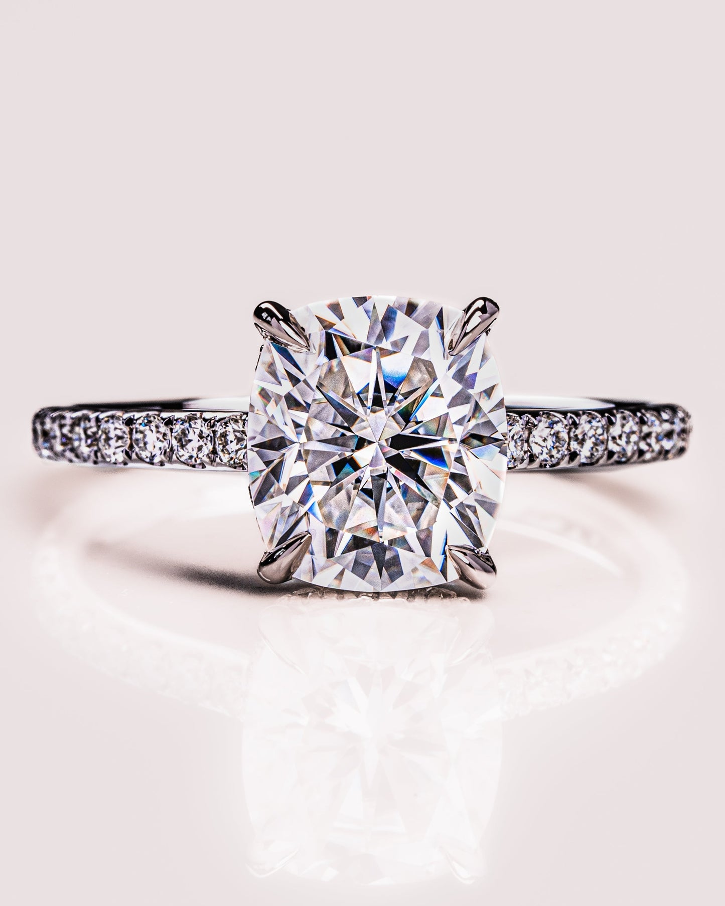 0.96 CT Cushion Solitaire Moissanite Engagement Ring With Hidden Halo/Pave Setting