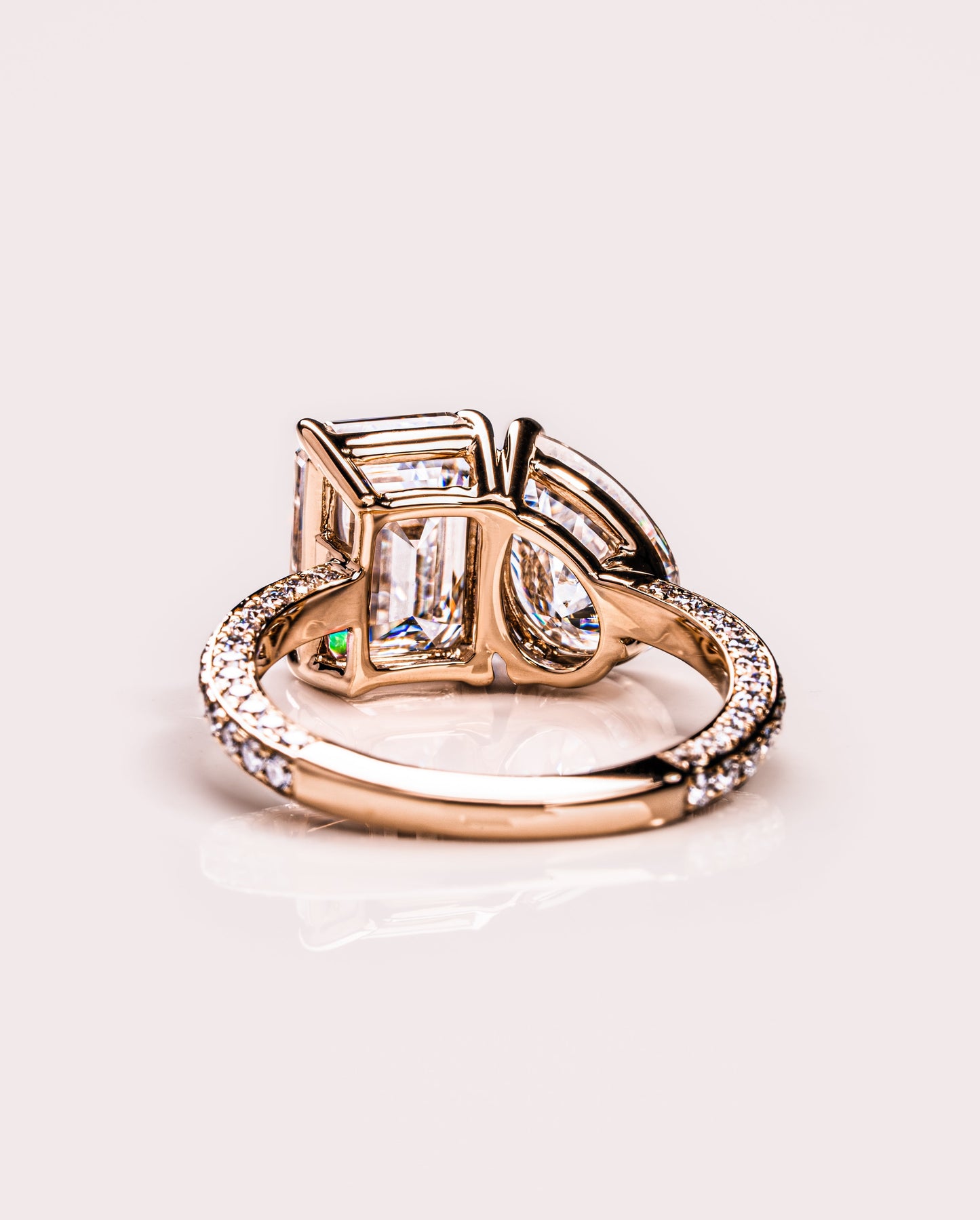 2.25 CT Emerald & Pear Two Stone Moissanite Engagement Ring With Three Side Pave Setting