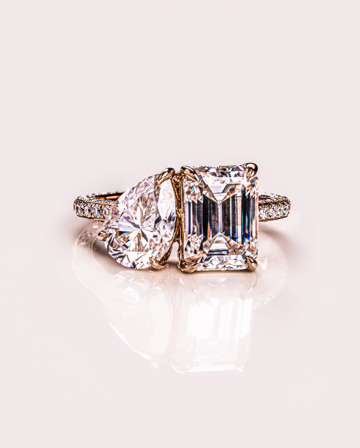 2.25 CT Emerald & Pear Two Stone Moissanite Engagement Ring With Three Side Pave Setting