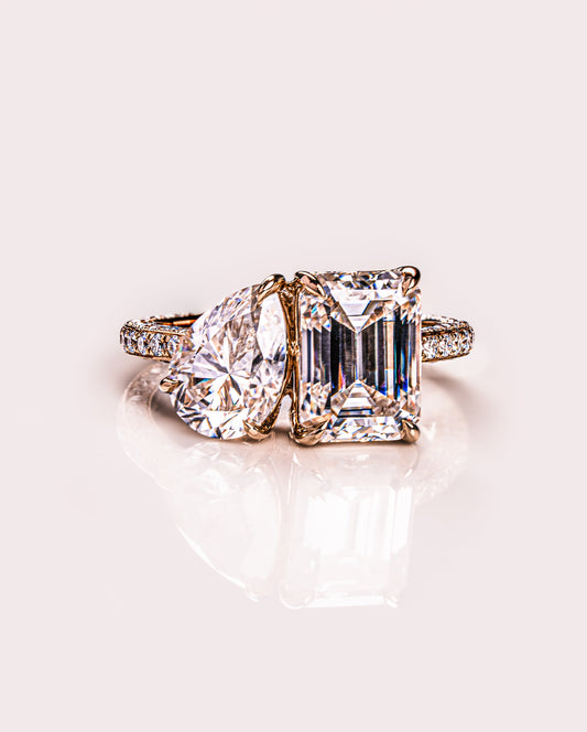 2.25 CT Emerald & Pear Two Stone Moissanite Engagement Ring With Three Side Pave Setting