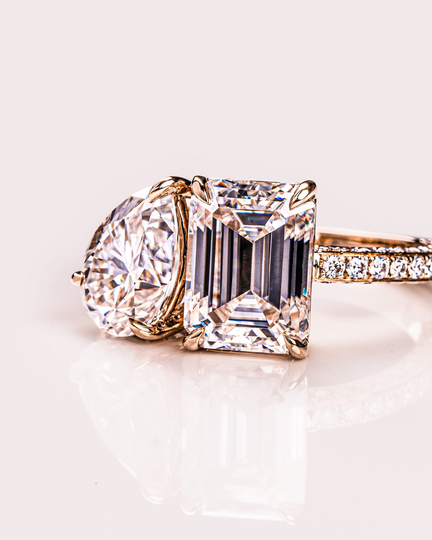 2.25 CT Emerald & Pear Two Stone Moissanite Engagement Ring With Three Side Pave Setting