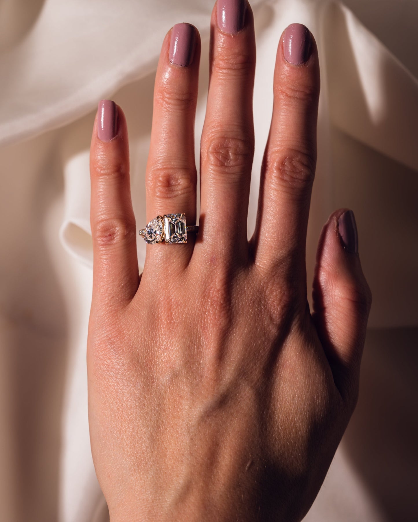 2.25 CT Emerald & Pear Two Stone Moissanite Engagement Ring With Three Side Pave Setting