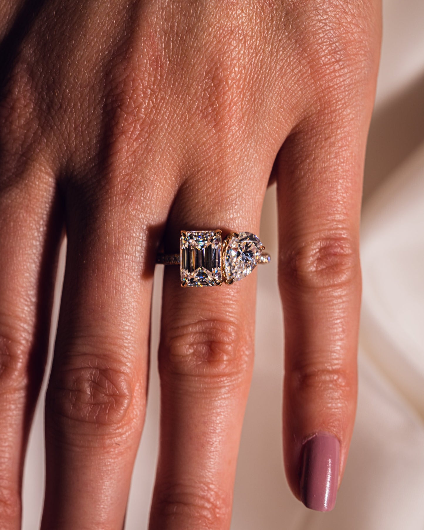 2.25 CT Emerald & Pear Two Stone Moissanite Engagement Ring With Three Side Pave Setting