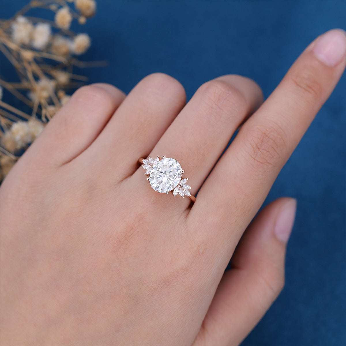 3.74 CT Oval Shaped Moissanite Cluster Engagement Ring