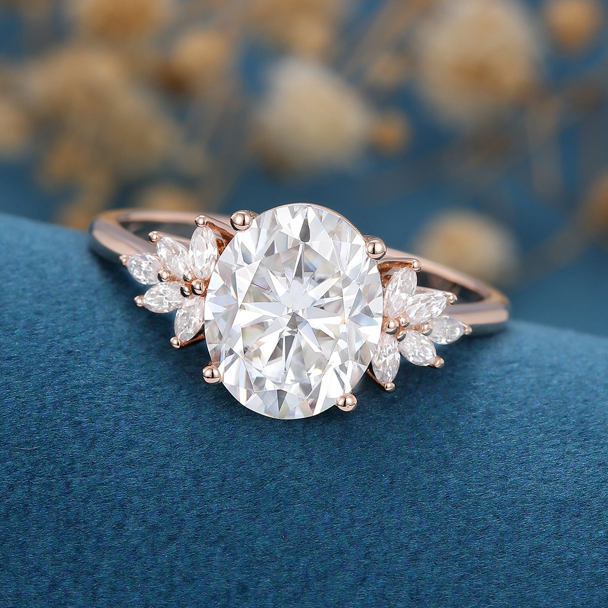 3.74 CT Oval Shaped Moissanite Cluster Engagement Ring