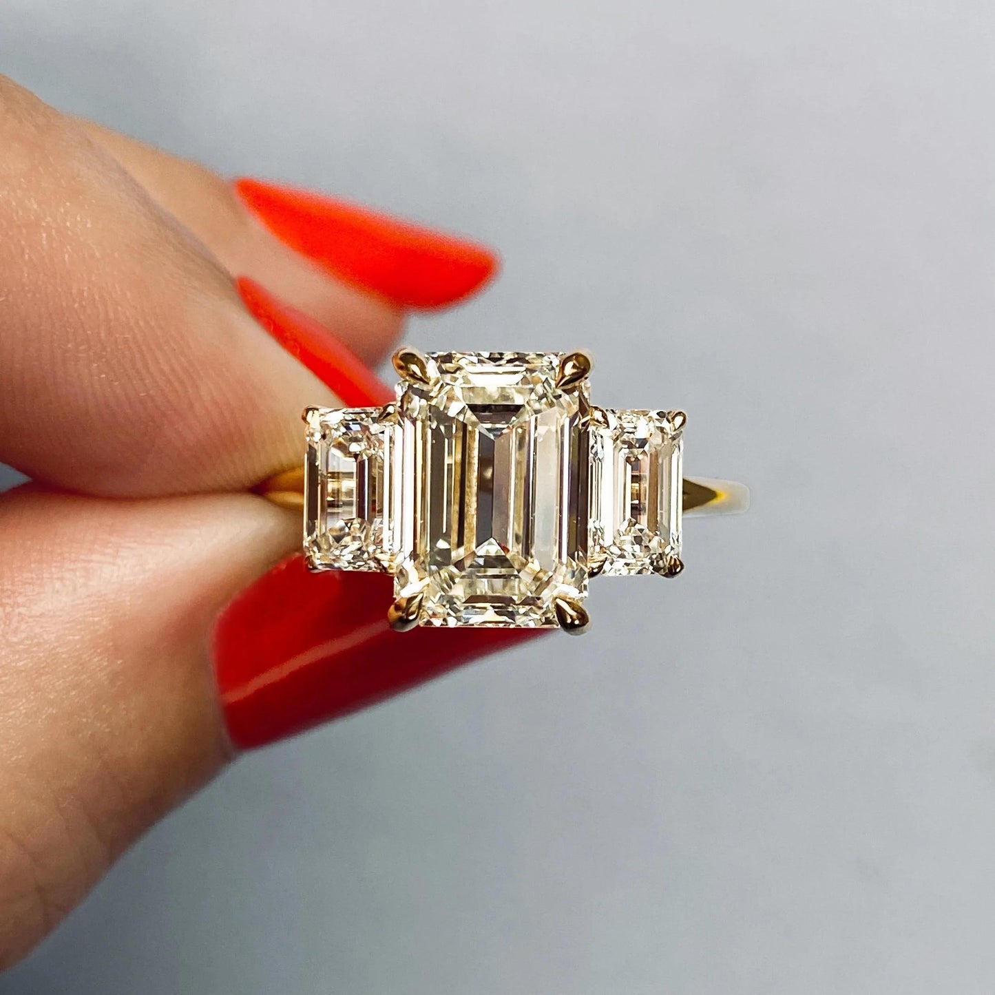 1.91 CT Emerald Cut Three Stone Moissanite Engagement Ring