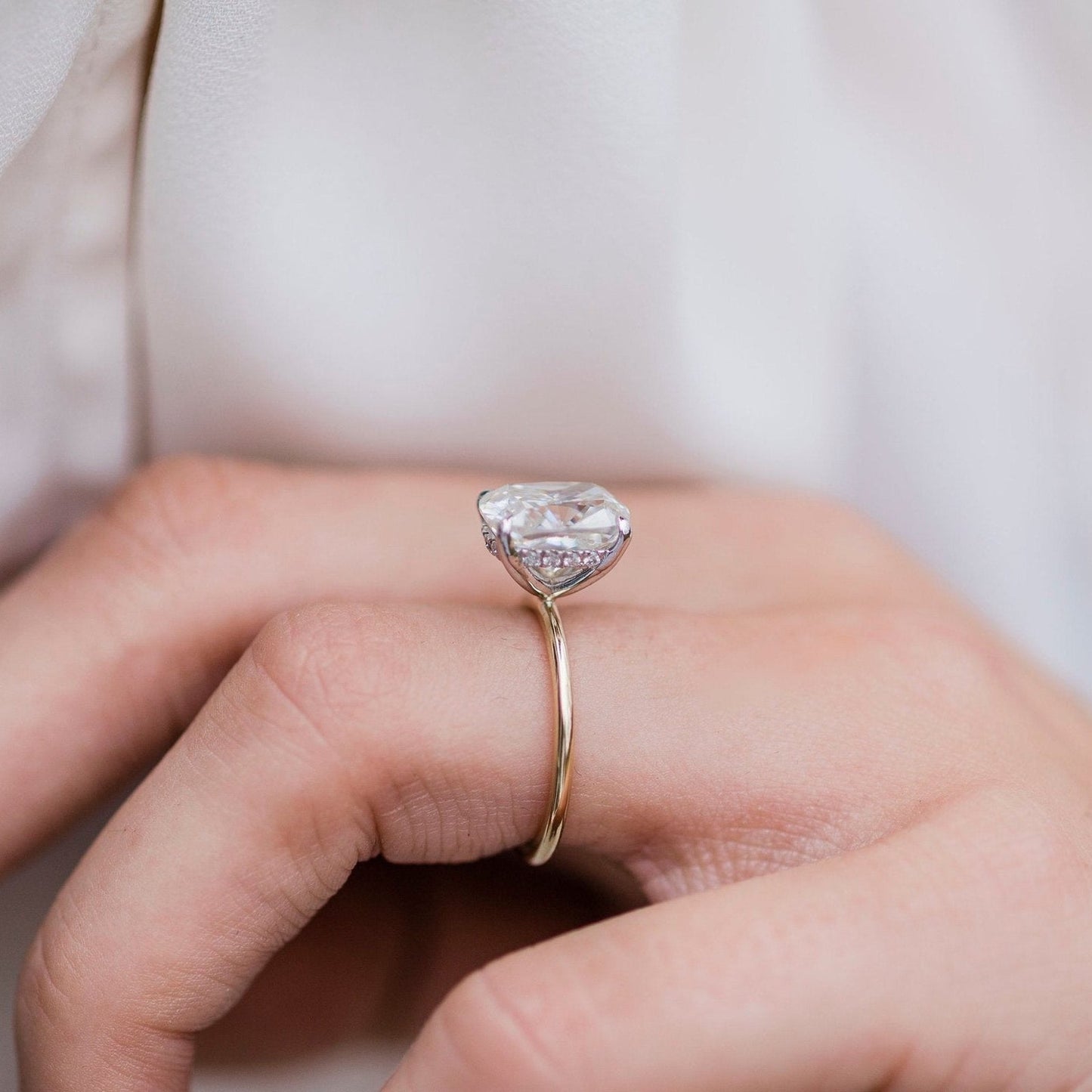3.2 CT Elongated Cushion Hidden Halo Lab Grown Diamond Engagement Ring