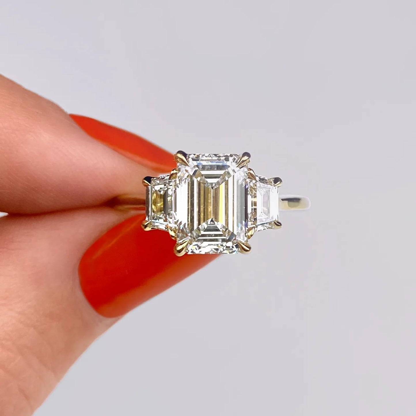 1.91 CT Emerald Cut Three Stone Moissanite Engagement Ring