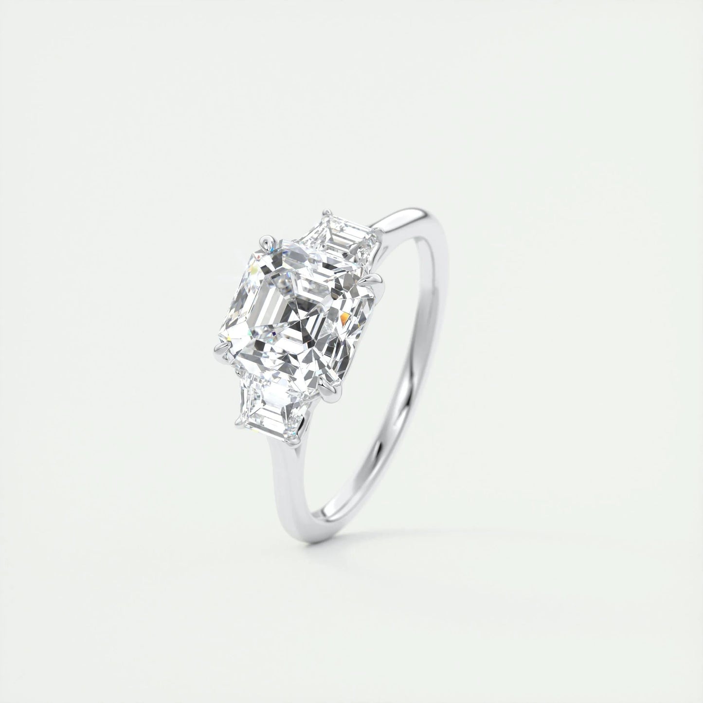 2.03 CT Asscher Cut Three Stone Moissanite Engagement Ring