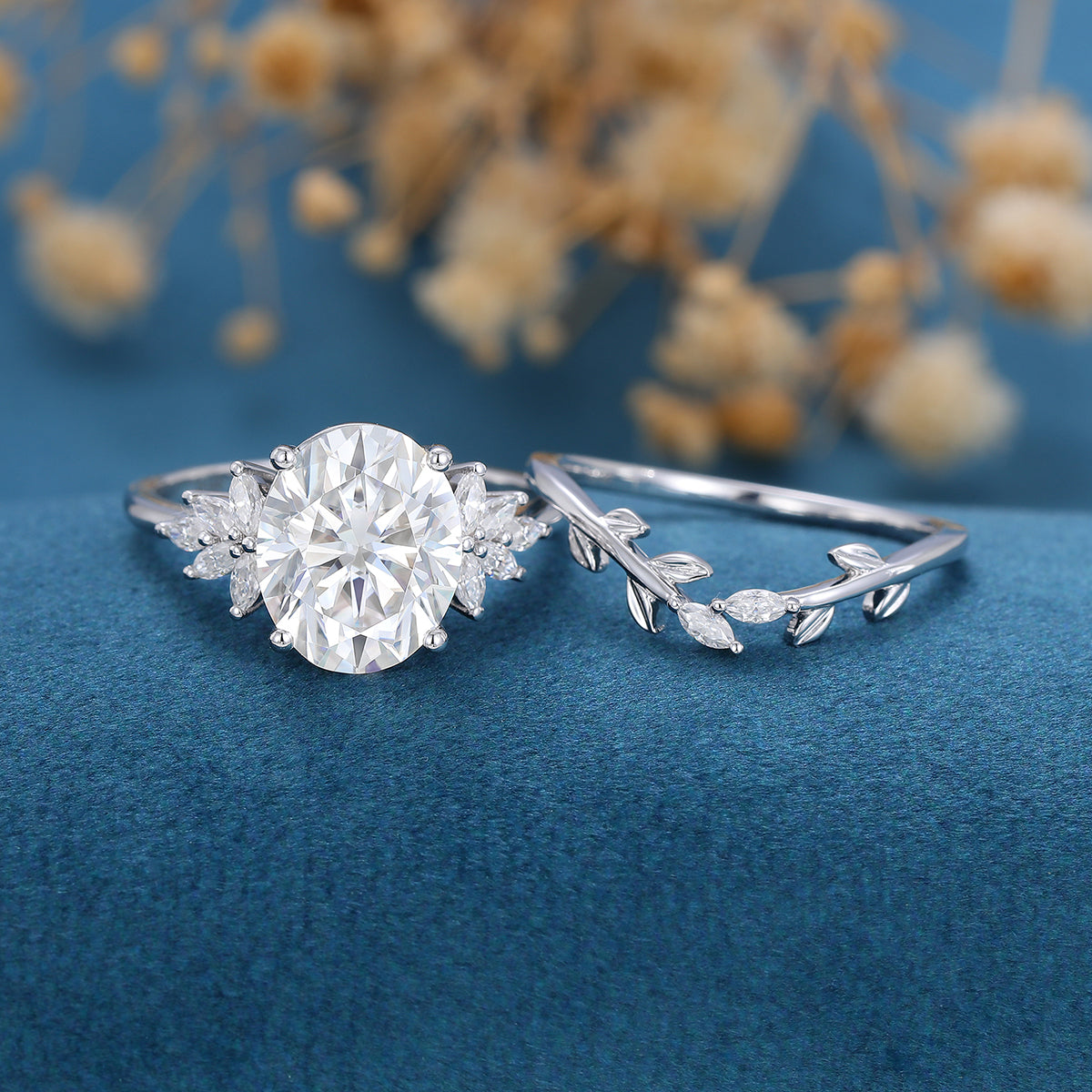 3.74 CT Oval Shaped Moissanite Cluster Bridal Set