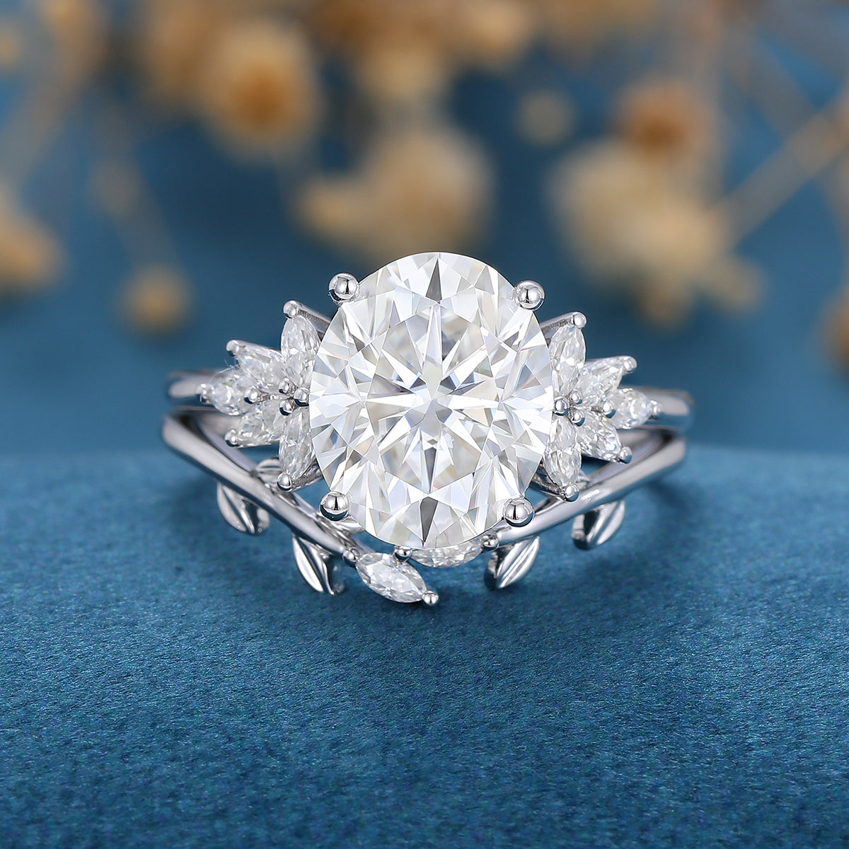 3.74 CT Oval Shaped Moissanite Cluster Bridal Set