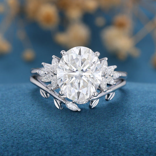 3.74 CT Oval Shaped Moissanite Cluster Bridal Set