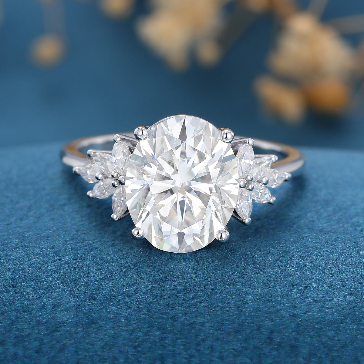3.74 CT Oval Shaped Moissanite Cluster Engagement Ring