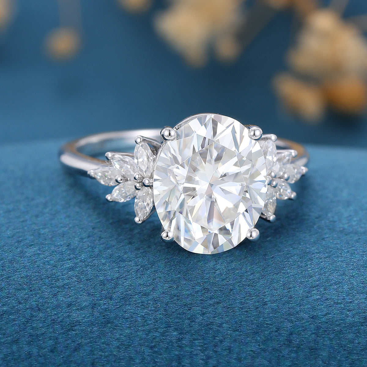 3.74 CT Oval Shaped Moissanite Cluster Engagement Ring