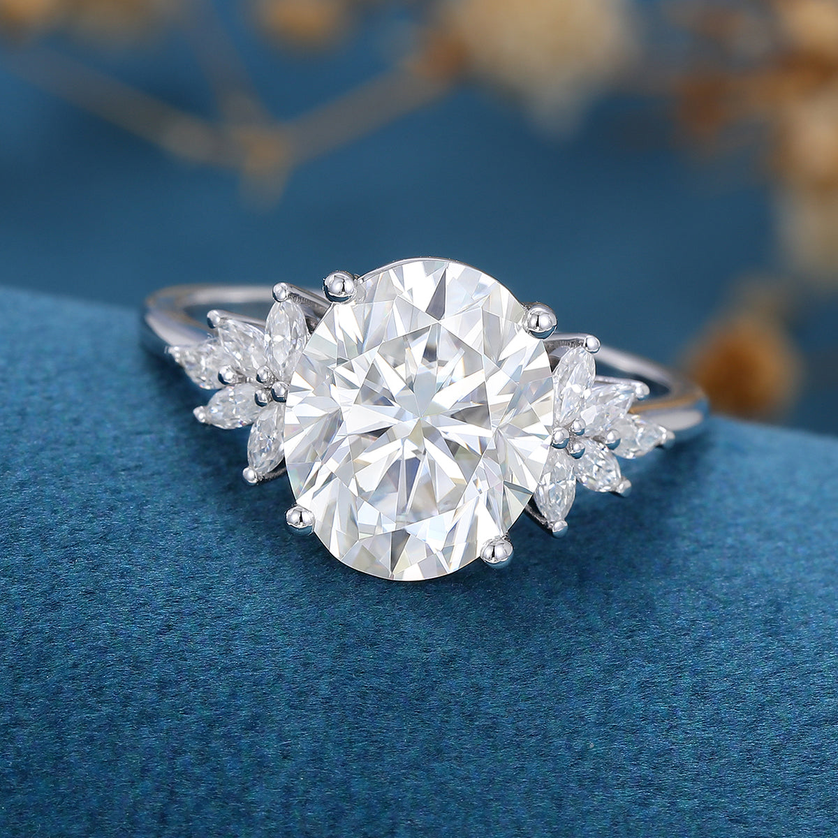3.74 CT Oval Shaped Moissanite Cluster Engagement Ring