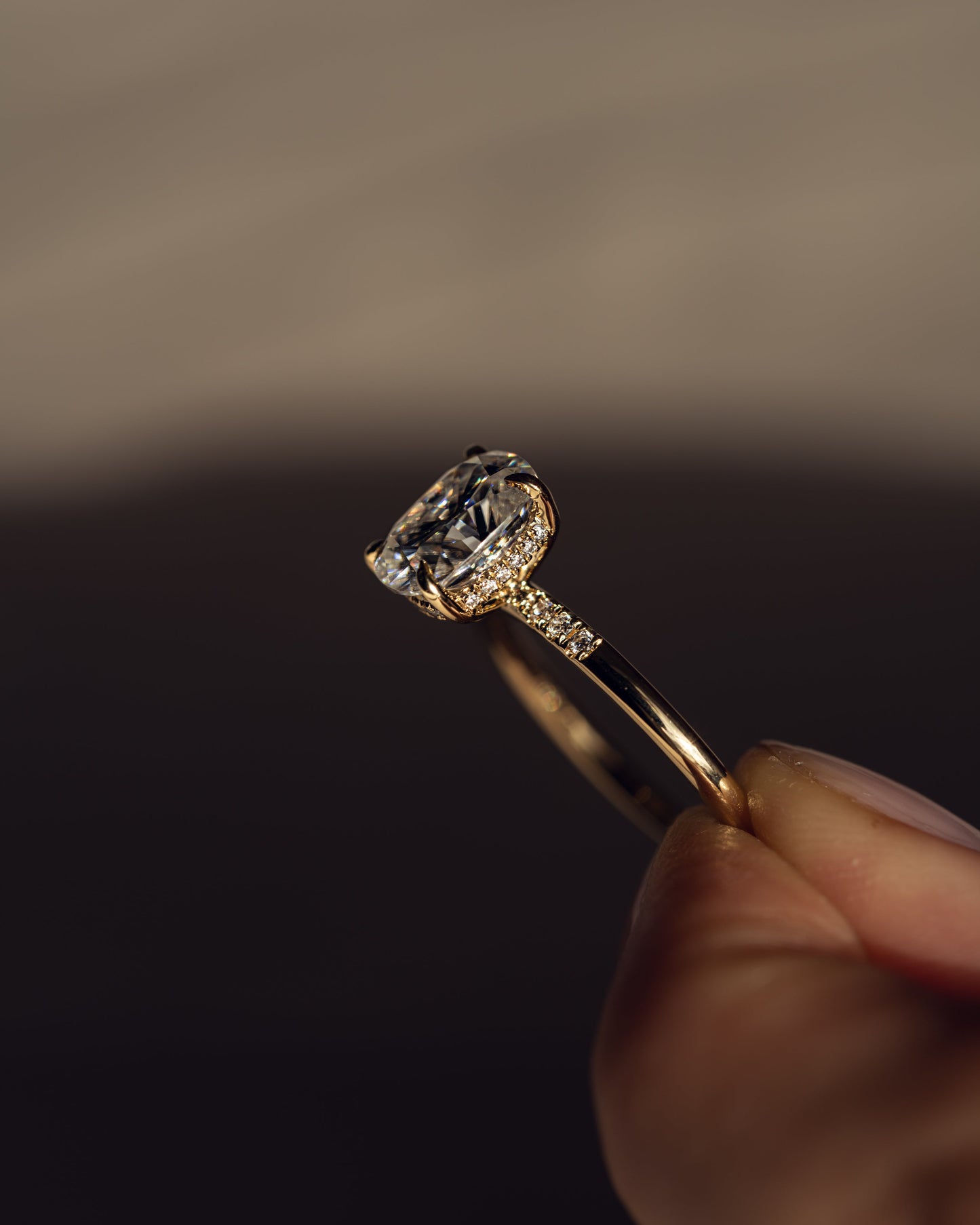 2.15 CT Cushion Cut Moissanite Solitaire Engagement Ring With Hidden Halo Setting