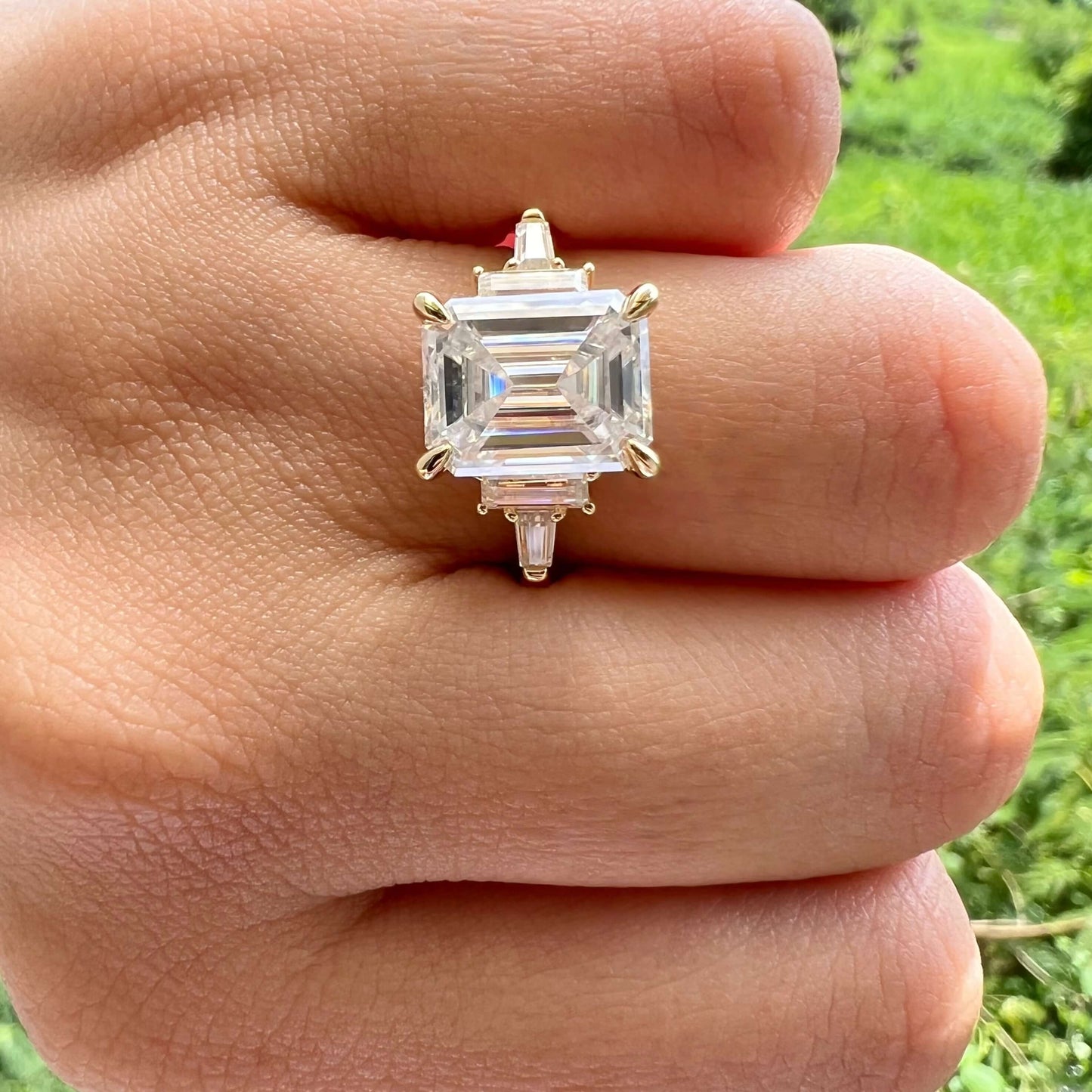 5.75 CT Emerald Cut 3 Stone Moissanite Engagement Ring