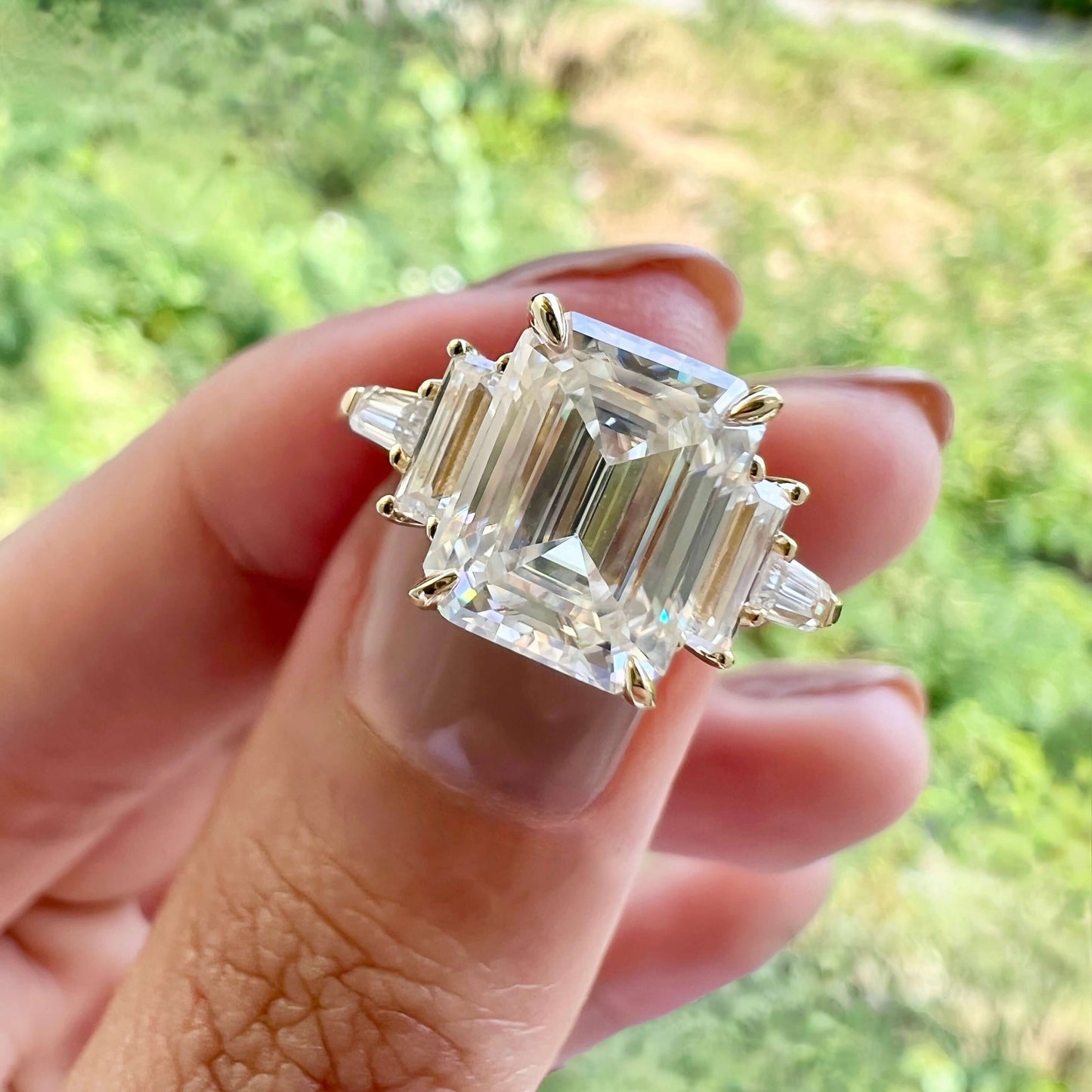 5.75 CT Emerald Cut 3 Stone Moissanite Engagement Ring