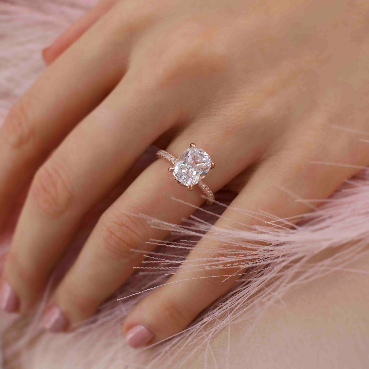 3.34 CT Elongated Cushion Shaped Moissanite Hidden Halo Style Engagement Ring