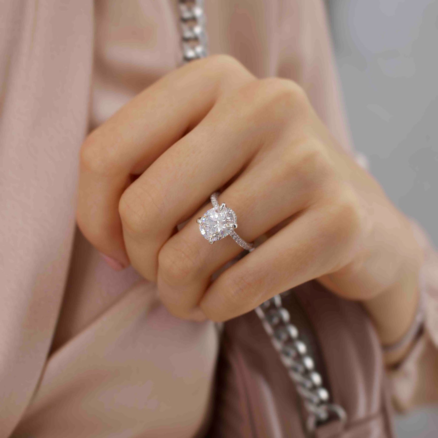 2.10 CT Oval Shaped Moissanite Hidden Halo Style Engagement Ring