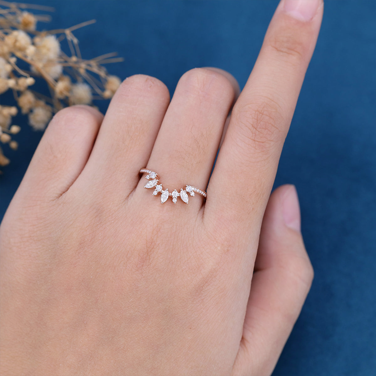 2.0 CT Marquise & Round Shaped Moissanite Curved Wedding Band