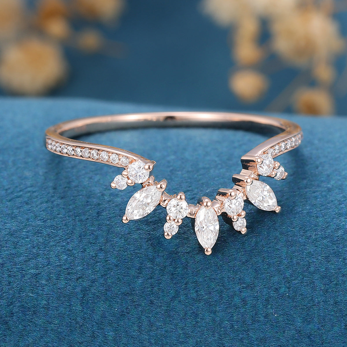 2.0 CT Marquise & Round Shaped Moissanite Curved Wedding Band