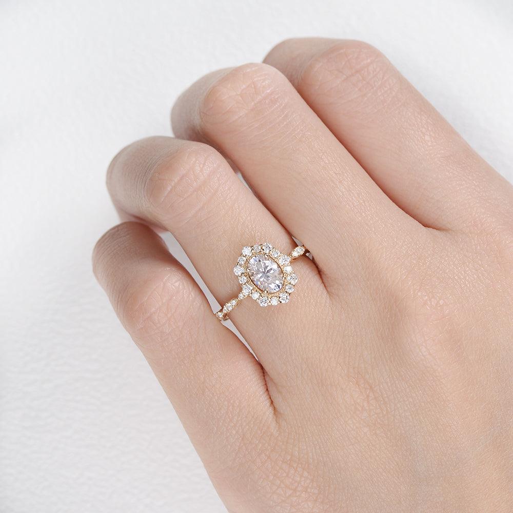 0.94 CT Oval Cut Halo & Pave Moissanite Engagement Ring