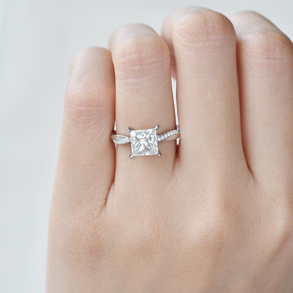 1.75 CT Princess Cut Twisted Pave Moissanite Engagement Ring