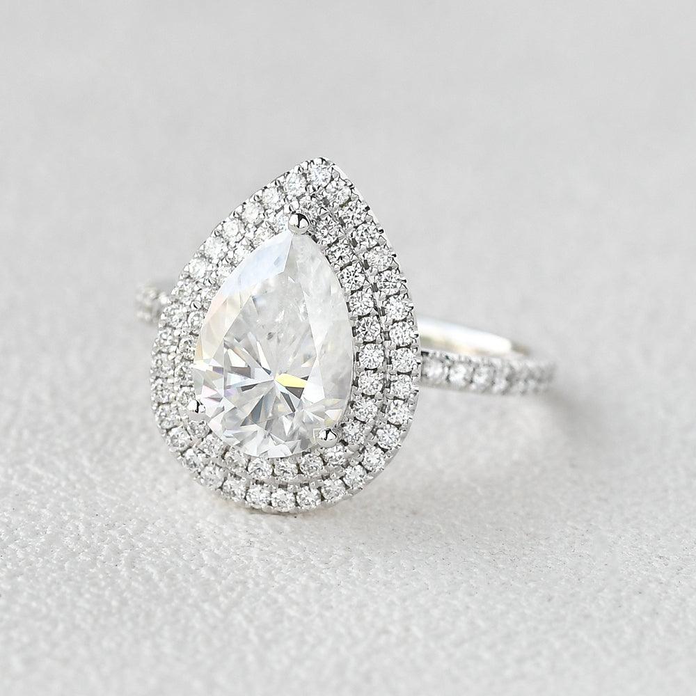 1.33 CT Pear Double Halo Pave Moissanite Engagement Ring