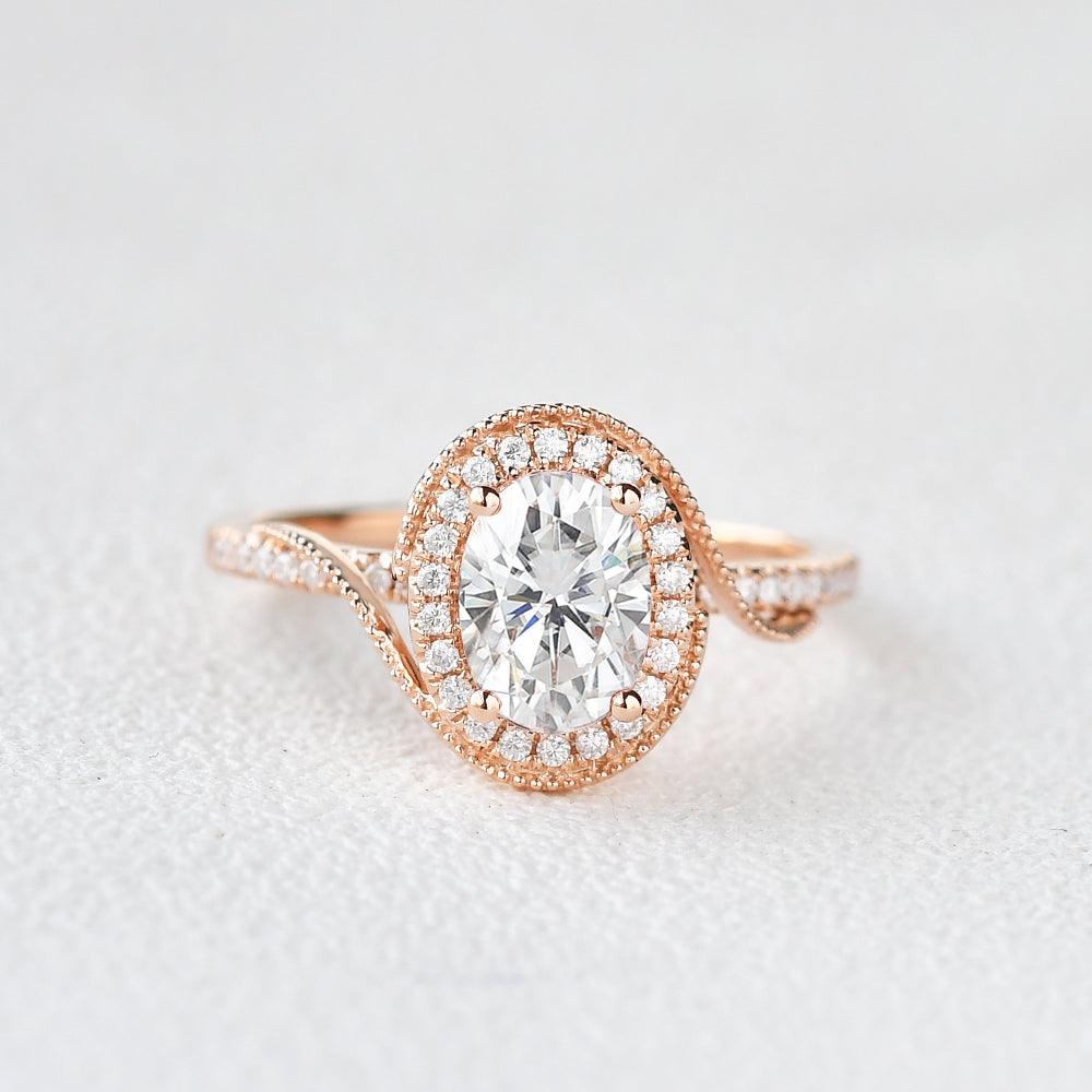 1.33 CT Oval Cut Halo Pave Moissanite Engagement Ring