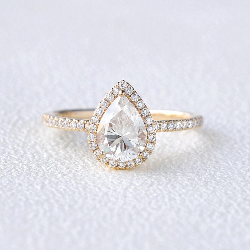 1.25 CT Pear Cut Halo Pave Moissanite Engagement Ring