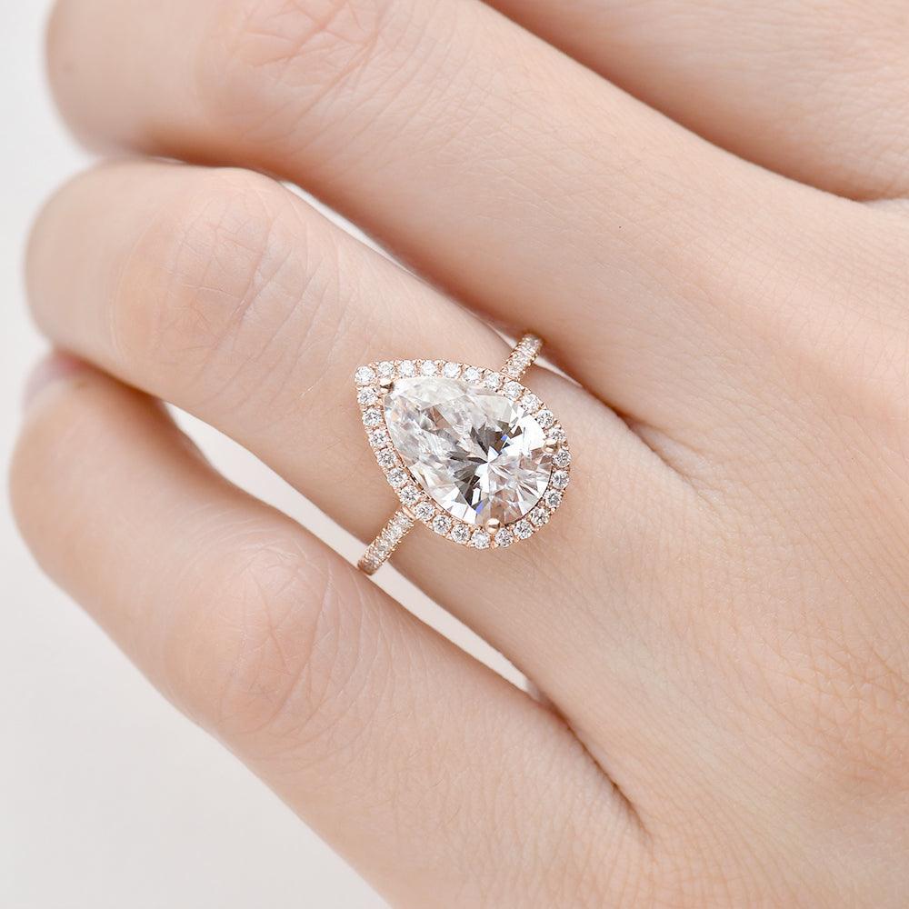 3.1 CT Pear Cut Halo Pave Moissanite Engagement Ring