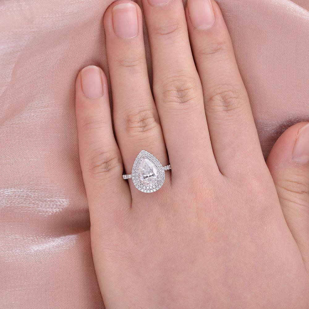 1.33 CT Pear Double Halo Pave Moissanite Engagement Ring