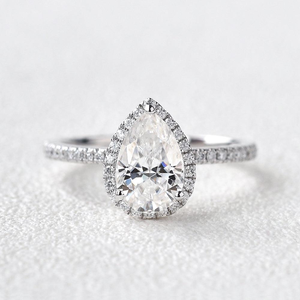 1.25 CT Pear Cut Halo Pave Moissanite Engagement Ring