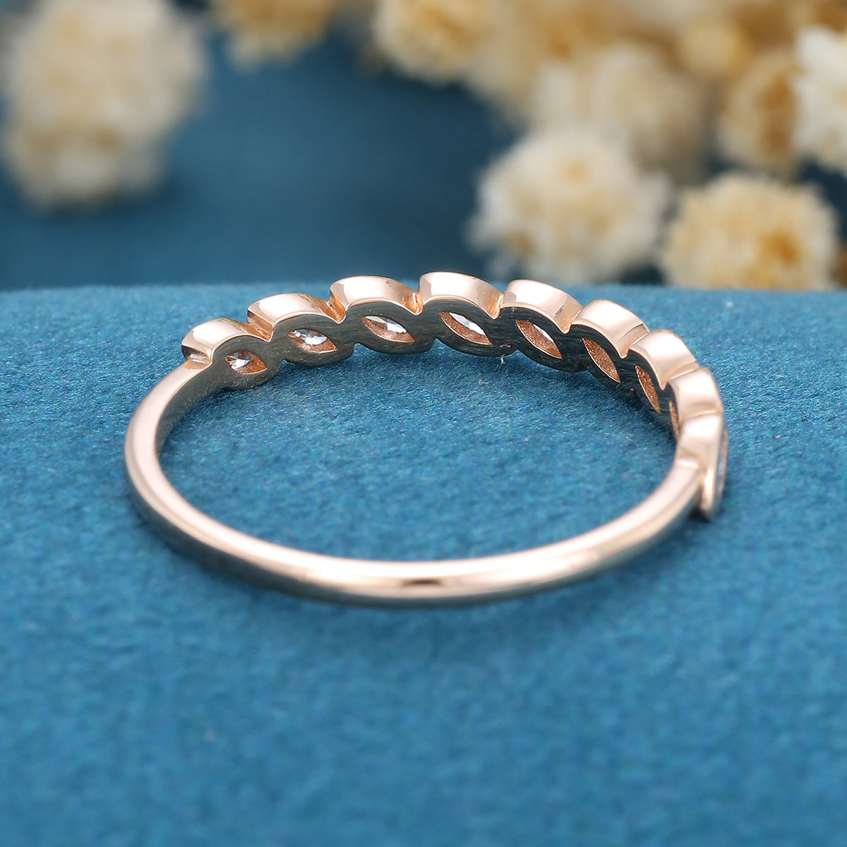 1.20 CT Marquise Shaped Moissanite Bezel Half Eternity Wedding Band