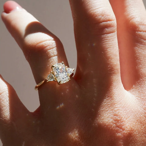 Elongated Cushion Three Stone Moissanite Engagement Ring