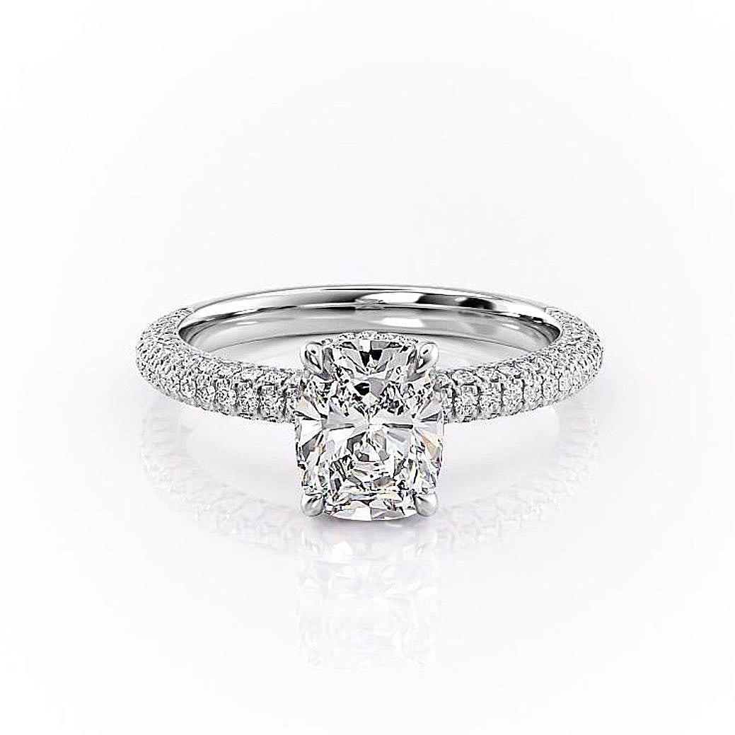 2.0 CT Elongated Cushion Cut Hidden Halo Triple Pave Moissanite Engagement Ring