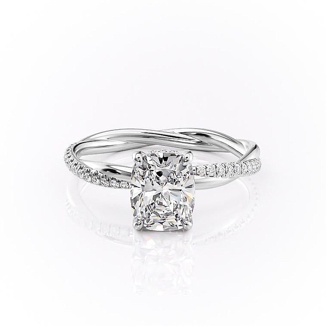 2.0 CT Elongated Cushion Cut Solitaire Twisted Pave Moissanite Engagement Ring