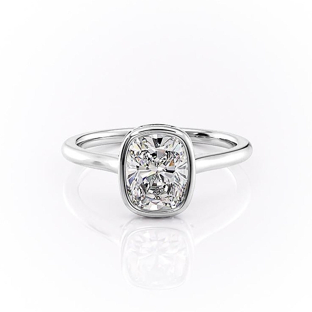 2.0 CT Cushion Cut Solitaire Bezel Hidden Halo Setting Moissanite Engagement Ring