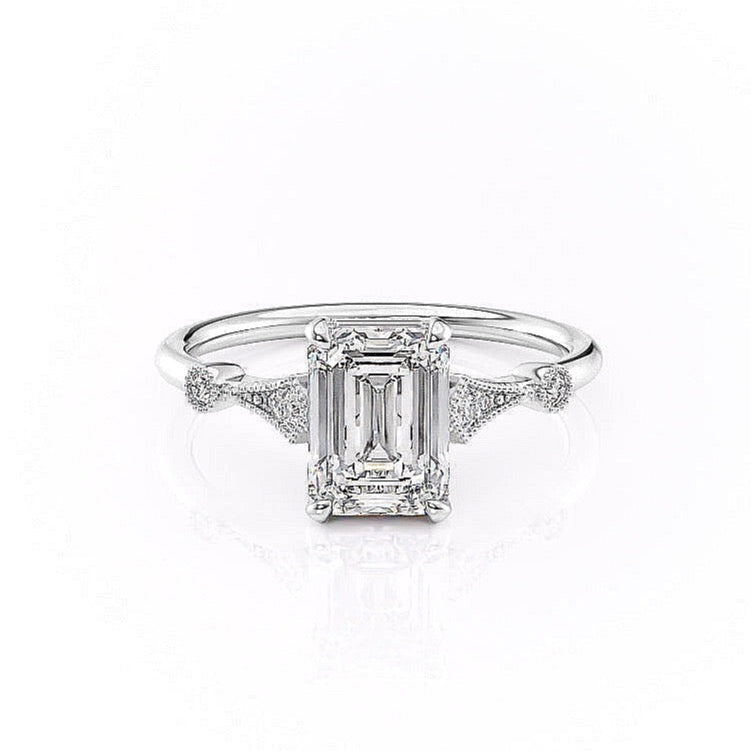 1.91 CT Emerald Cut Solitaire Milgrain Pave Set Moissanite Engagement Ring