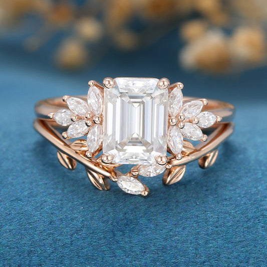 1.60 CT Emerald Shaped Moissanite Cluster Bridal Set