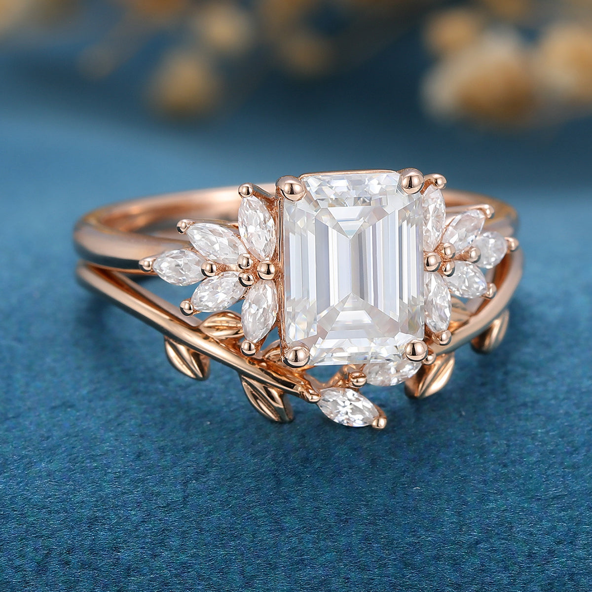 1.60 CT Emerald Shaped Moissanite Cluster Bridal Set